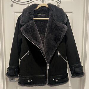 Zara - Faux Suede/Sherpa Lined Biker Jacket Women Faux Fur Collar